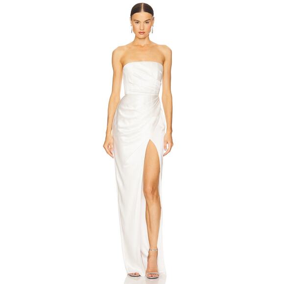 Sau Lee Priyanka Strapless Gown Maxi Dress Satin Ruched Side Slit Bridal Ivory 2 - Picture 2 of 12